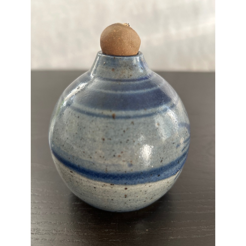 Vintage Studio Pottery Oil Lamp Blue Grey Stoneware Signed Hand Thrown Glazed - Picture 4 of 6